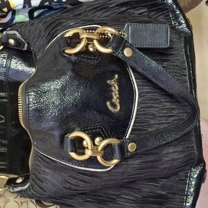 COACH ASHLEY BLACK PLEATED SATIN W PATENT LEATHER TRIM MEDIUM BAG